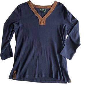 Lauren Ralph Lauren Navy Pullover Knit V-Neck Shirt Brown Faux Suede Trim Size L
